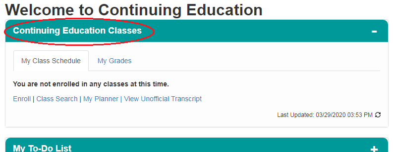 Continuing Education Classes tab